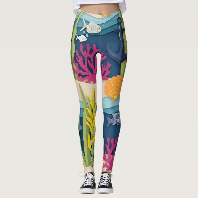 Retro nautiskt akvarellmönster (10) leggings (Framsida)