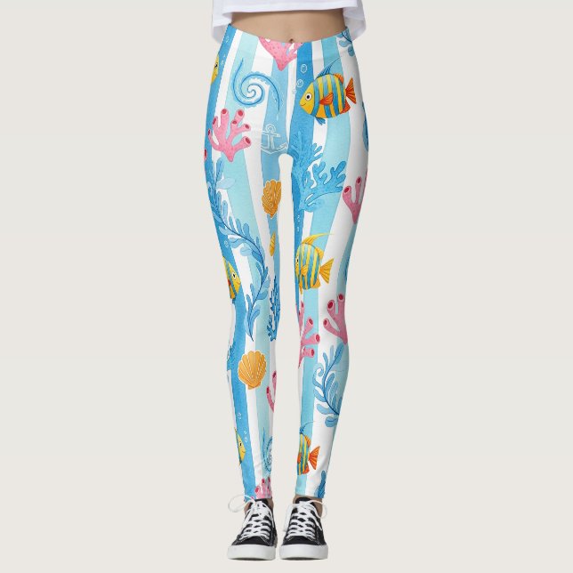 Retro nautiskt akvarellmönster (11) leggings (Framsida)
