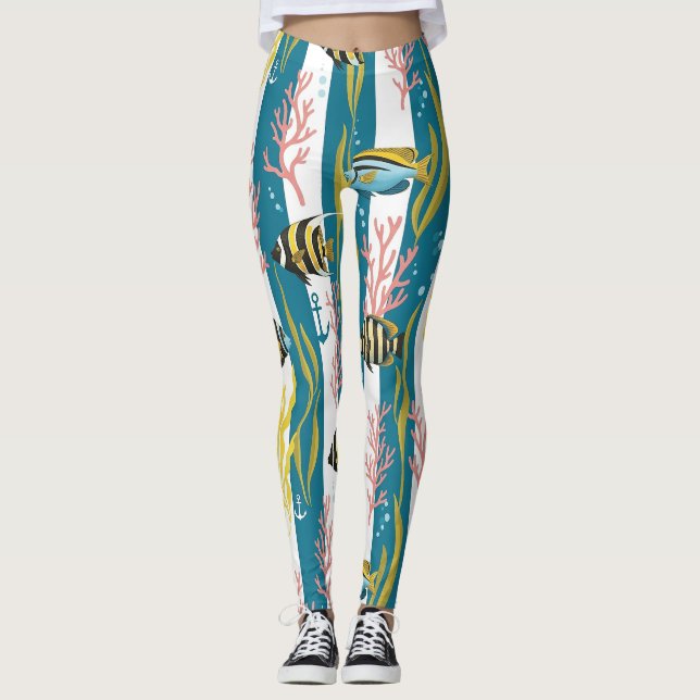 Retro nautiskt akvarellmönster (14) leggings (Framsida)