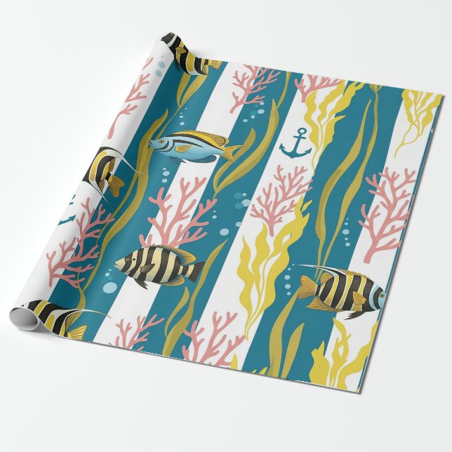 Retro Nautiskt Akvarellmönster (14) Presentpapper (Utrullad)