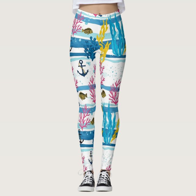 Retro nautiskt akvarellmönster (2) leggings (Framsida)