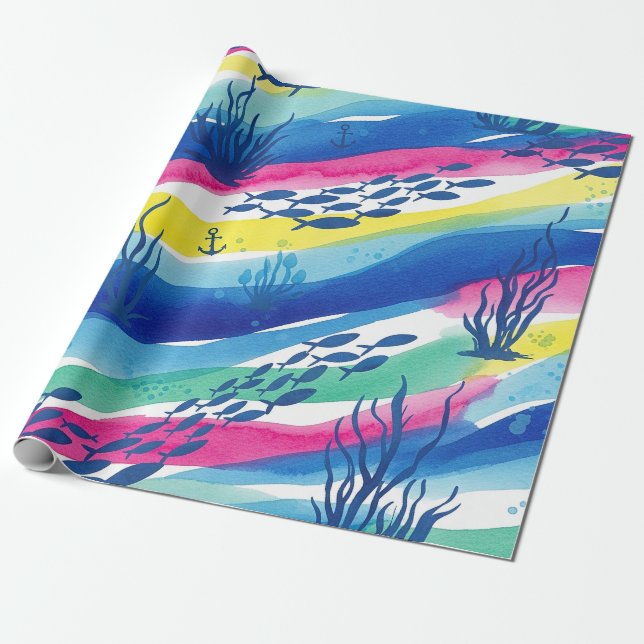 Retro Nautiskt Akvarellmönster (3) Presentpapper (Utrullad)