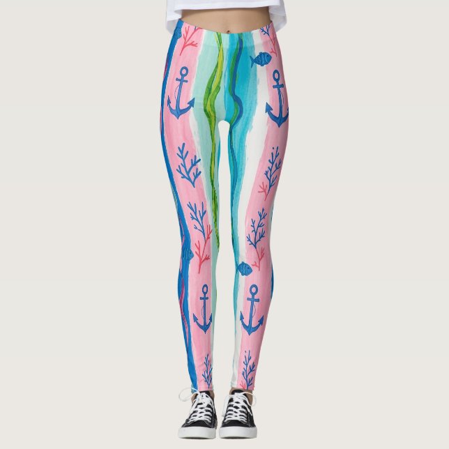 Retro nautiskt akvarellmönster (4) leggings (Framsida)