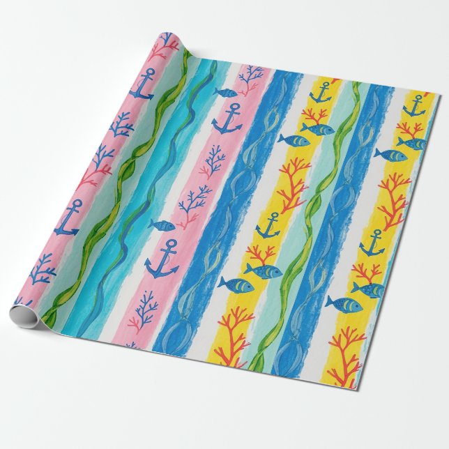 Retro Nautiskt Akvarellmönster (4) Presentpapper (Utrullad)