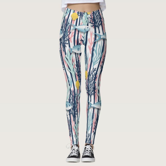 Retro nautiskt akvarellmönster (6) leggings (Framsida)