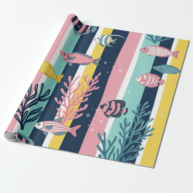 Retro nautiskt akvarellmönster (7) presentpapper (Utrullad)