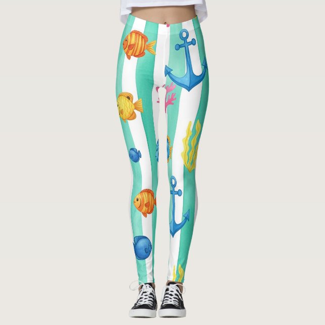 Retro nautiskt akvarellmönster (9) leggings (Framsida)