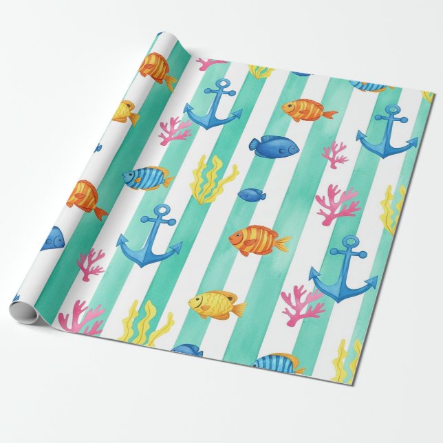Retro Nautiskt Akvarellmönster (9) Presentpapper (Utrullad)