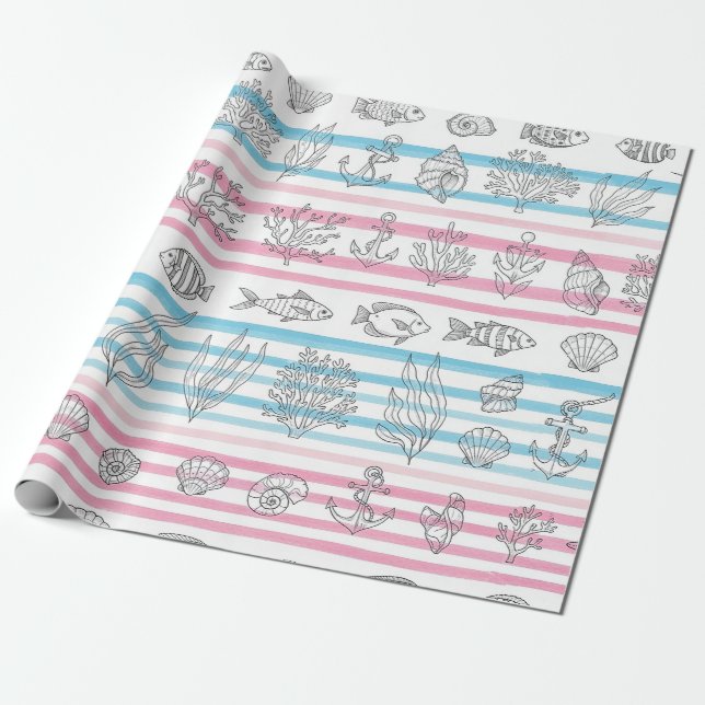 Retro Nautiskt Vattenfärg Mönster (12) Presentpapper (Utrullad)