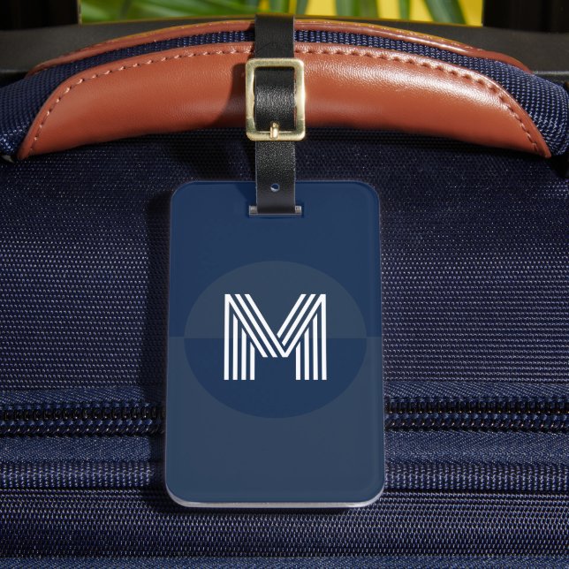 Retro Navy Blue Geometric Modern Monogram Bagagebricka (Framsida Insitu 2)