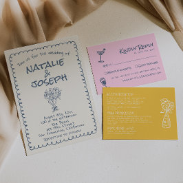 Retro Navy blue Hand plockade Funky Bröllop Inbjudningar