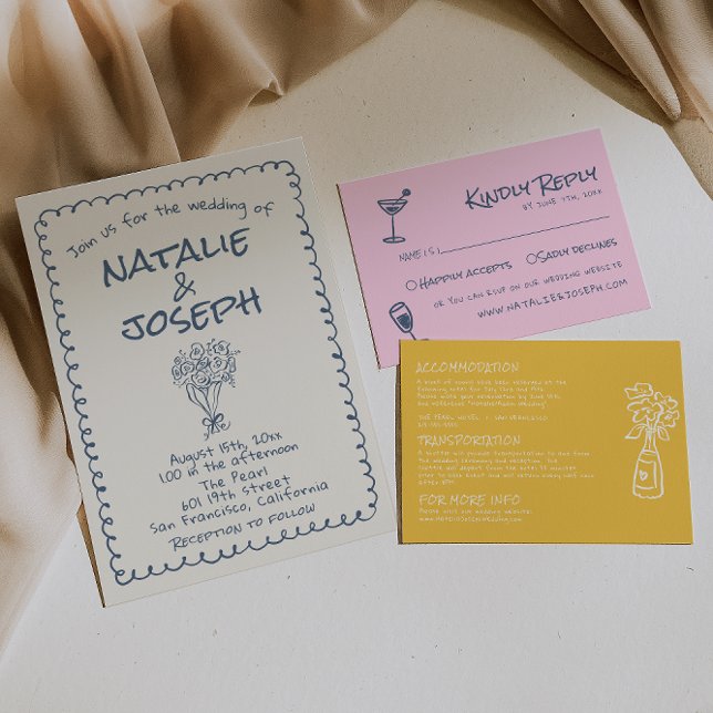 Retro Navy blue Hand plockade Funky Bröllop Inbjudningar (Skapare uppladdad)