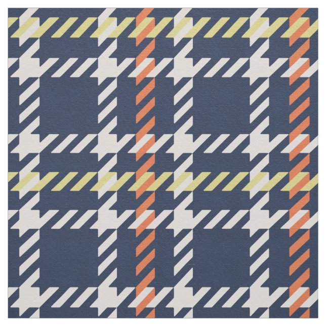 Retro navy blue orange houndstooth plaid mönster tyg (Provkarta)