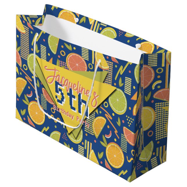Retro Navy Blue Summer Citrus Fruit Birthday (Framsidan Vinklad)