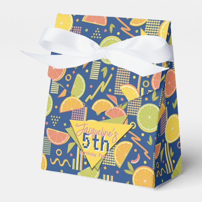 Retro Navy Blue Summer Citrus Fruit Birthday Presentaskar (Framsidan Sidan)