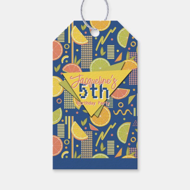 Retro Navy Blue Summer Citrus Fruit Birthday Presentetikett (Framsidan)