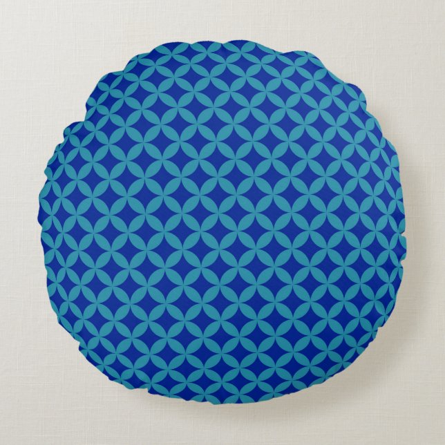 Retro navy blue turquise Circle Rosette Lattice Rund Kudde (Framsidan)