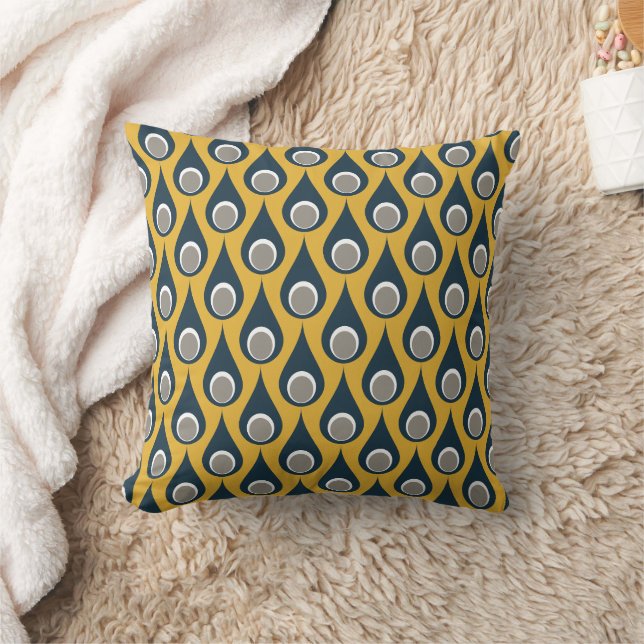 Retro Navy Mustard Geometric Drops Mönster Kudde (Filt)