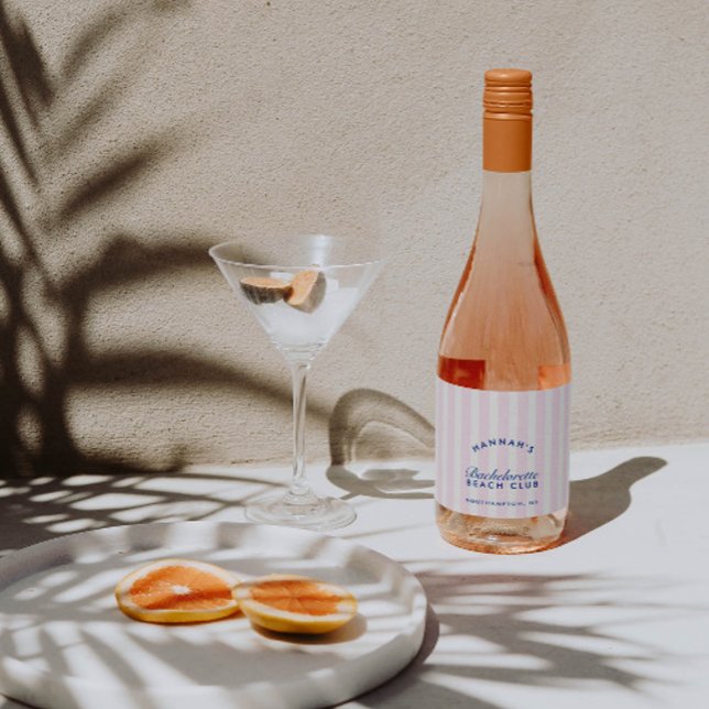Retro Navy & Rosa Rand Bachelorette (Retro Navy & Pink Stripes Bachelorette Sparkling Wine Label)