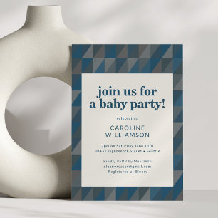 Retro Navyblå Grå Geometrisk Bebis Baby Shower Inbjudningar