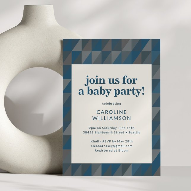 Retro Navyblå Grå Geometrisk Bebis Baby Shower Inbjudningar (Skapare uppladdad)