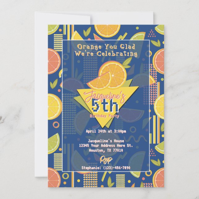 Retro Navyblå Sommar Citrus Frukt Födelsedag Inbjudningar (Framsida)
