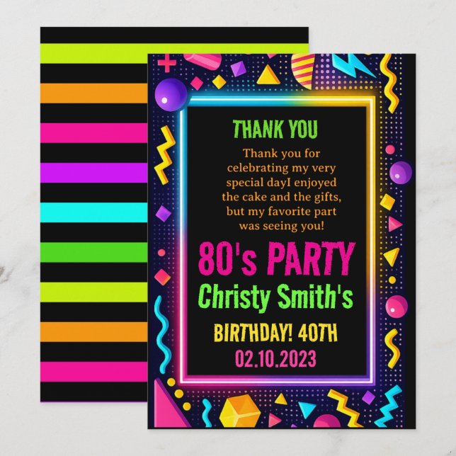 Retro Neon 80s Birthday Adult Party Tack Kort (Fram/baksida)