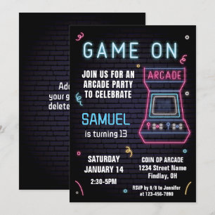 Retro Neon Arcade-Födelsedagsfest, alla åldrar Inbjudningar