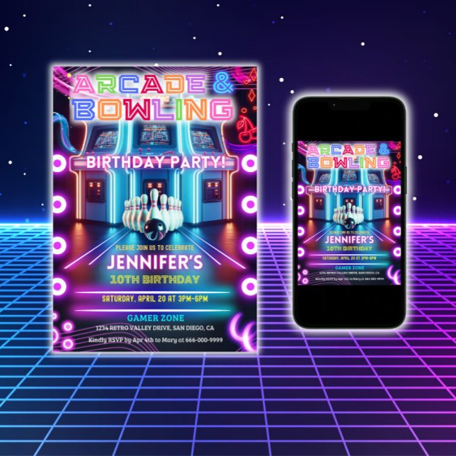 Retro Neon Arcade och bowling-födelsedagsfest för  Inbjudningar (Neon arcade and bowling birthday party invitation)