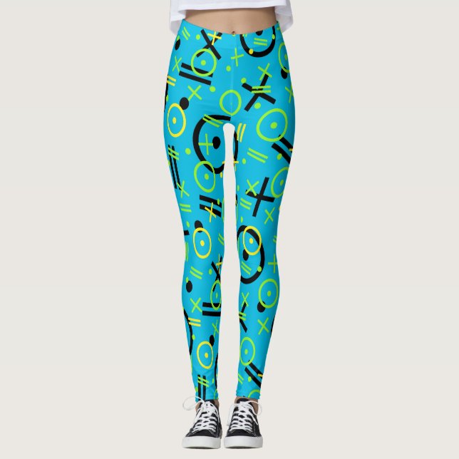 Retro Neon Blue Mönster Leggings (Framsida)