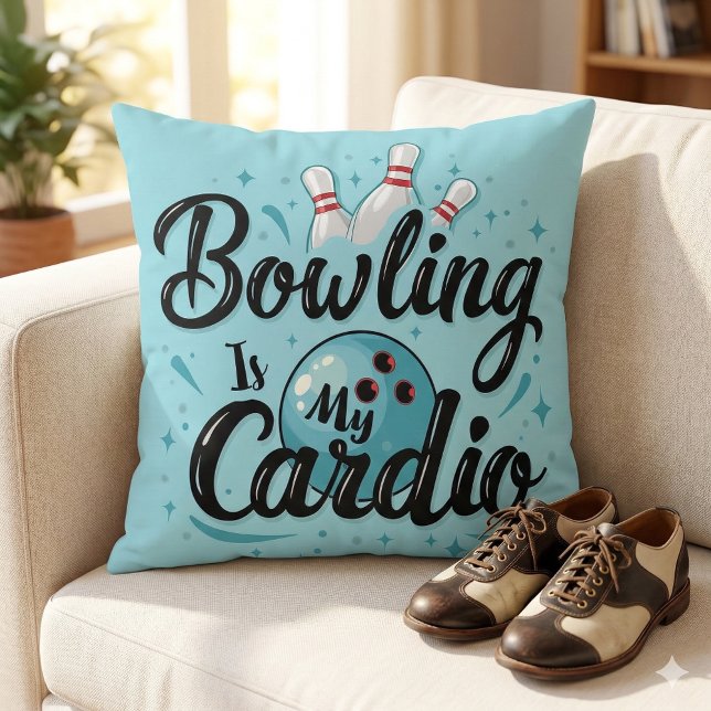 Retro Neon "Bowling Är Min Kardio" Rolig Bowling Kudde (Retro Neon Bowling Is My Cardio Funny Bowling Throw Pillow Mockup A)
