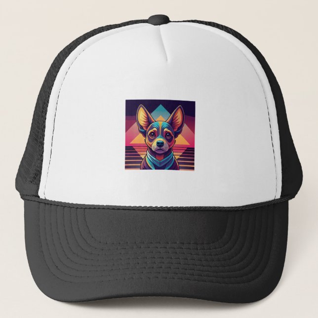 Retro Neon Chihuahua � Levande Synthwave Hundkonst Keps (Framsida)