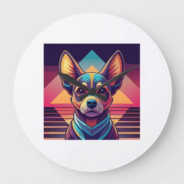 Retro Neon Chihuahua � Levande Synthwave Hundkonst Stor Klocka (Framsida)