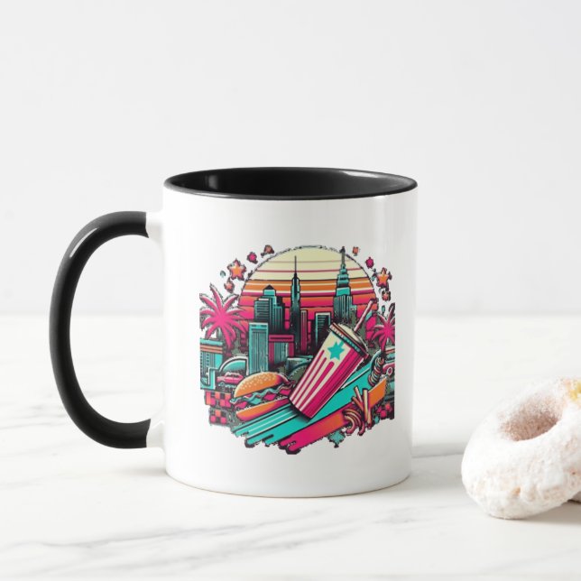 Retro Neon Cityscape med snabbmatsvibes Mugg (Med munk)