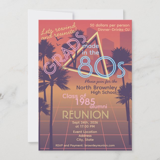 Retro Neon Färgad Klassåterträff Inbjudan (Framsida)