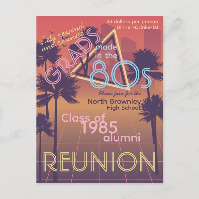 Retro Neon Färgad Klassåterträff Inbjudan Postkort (Framsida)