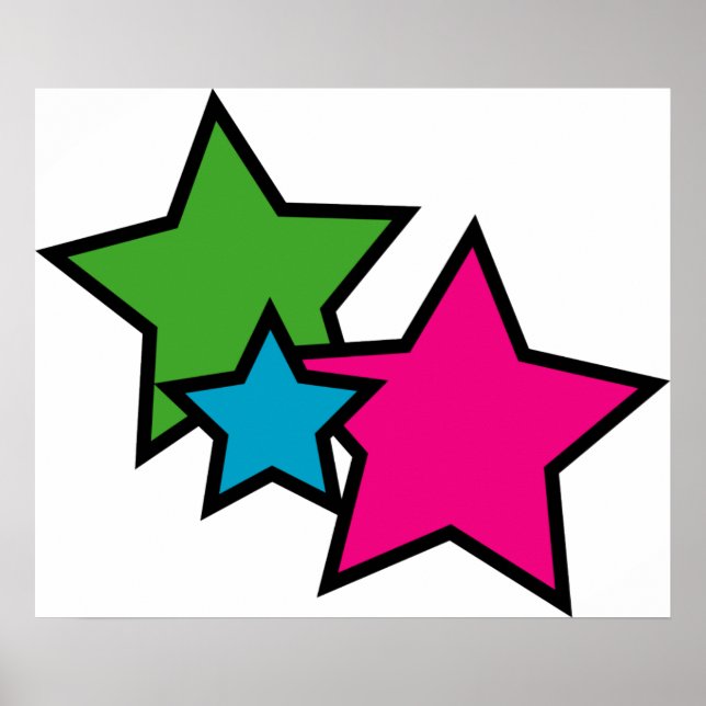 Retro Neon Färgglada Stjärnmönster | Djärkt Rosa B Poster (Framsidan)