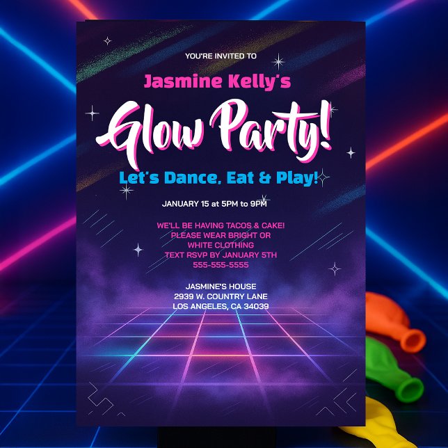 Retro Neon Glow Party-inbjudningar, för barn eller Inbjudningar (Skapare uppladdad)