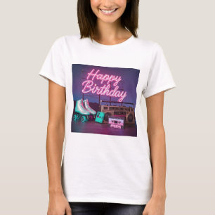 Retro neon Grattis på födelsedagen-tecken in rosa T Shirt