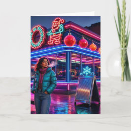 Retro Neon Julrestaurang | Vertikal Högtid Kort