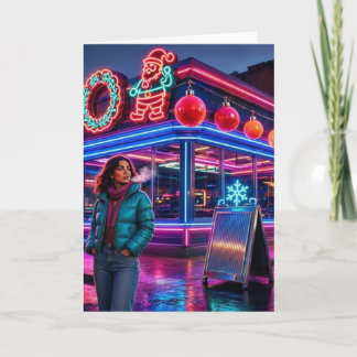 Retro Neon Julrestaurang | Vertikal Högtid Kort