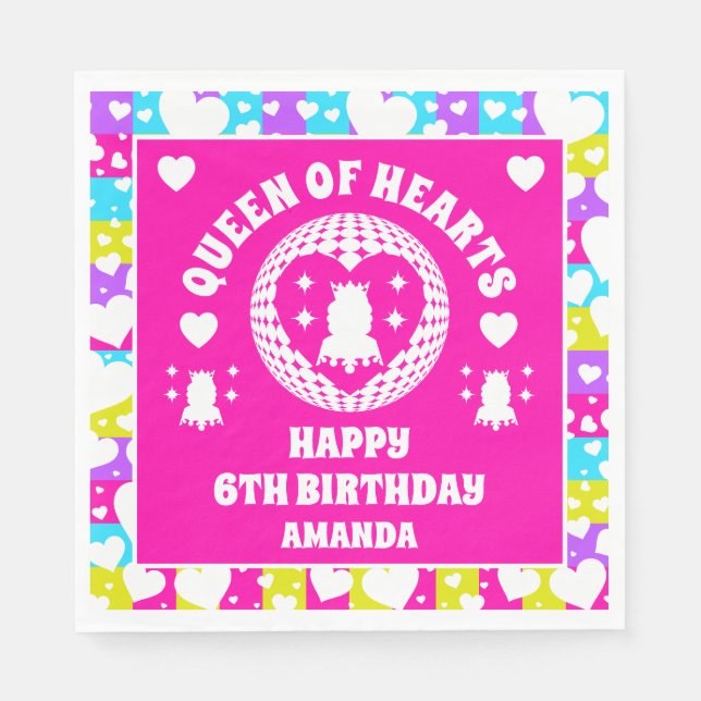 Retro Neon Queen of Hearts Birthday Pappersservett (Framsidan)