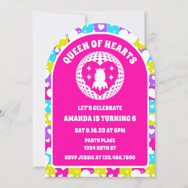 Retro Neon Queen of Hearts Birthday Photo Arch Inbjudningar (Framsida)
