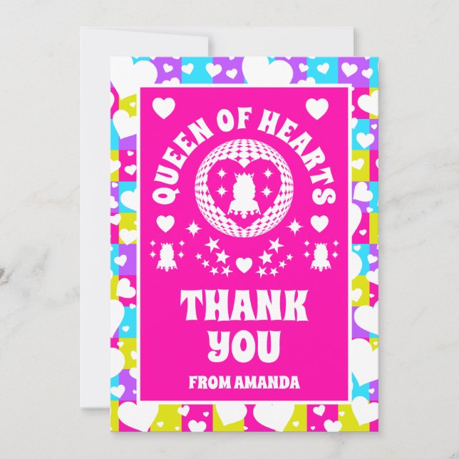 Retro Neon Queen of Hearts Birthday (tack för ditt Inbjudningar (Framsida)