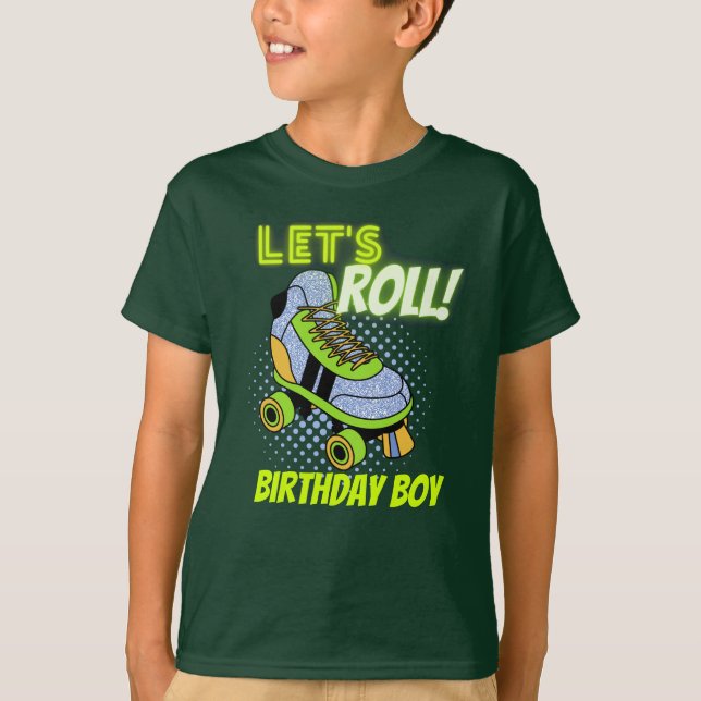 Retro Neon Roller Skating Lets Roll Birthday Boy T Shirt (Framsida)