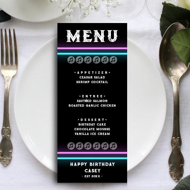 Retro Neon Rosa & Blue Stripe Birthday Dinner Meny (Retro Neon Pink & Blue Striped Birthday Dinner Menu)