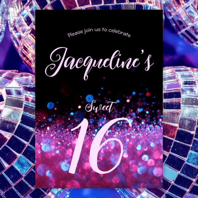 Retro Neon Rosa Glitter Script Sweet 16 födelsedag Inbjudningar (Skapare uppladdad)