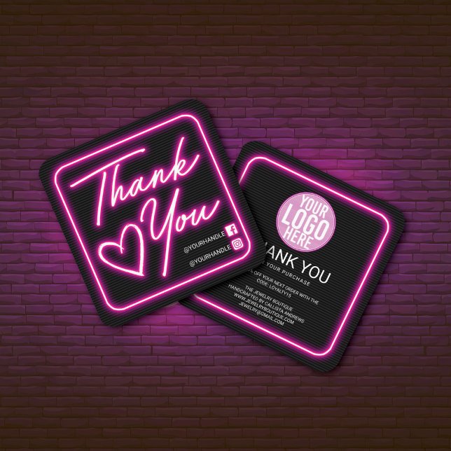 Retro Neon Rosa Lighted Sign Customer Tack Fyrkantigt Visitkort (Skapare uppladdad)
