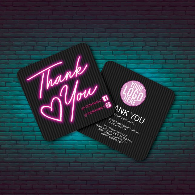 Retro Neon Rosa Ljus Customer Tack Square B Fyrkantigt Visitkort (Skapare uppladdad)