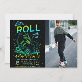 Retro Neon Rullskridsko Födelsedagsfoto Inbjudningar